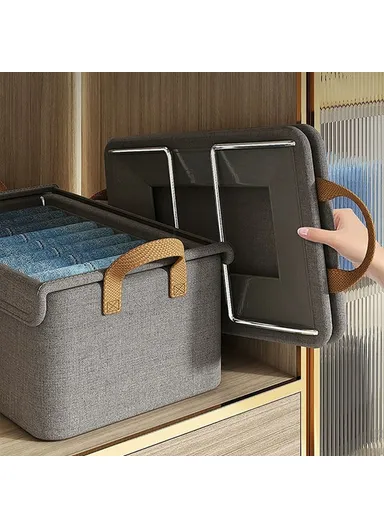 Foldable Steel Frame Cationic Cloth Clothes Storage Box with Lid Closet Wardrobe Dustproof Organizer - Beige