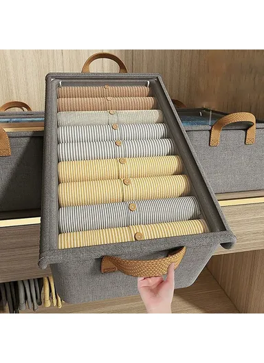 Foldable Steel Frame Cationic Cloth Clothes Storage Box with Lid Closet Wardrobe Dustproof Organizer - Beige