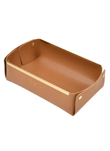 Desktop Leather Storage Tray Jewelry Organizer Catchall Tray for Key Coin Watch Wallet Phone, Size S - Brown