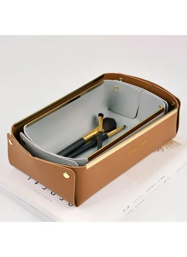 Desktop Leather Storage Tray Jewelry Organizer Catchall Tray for Key Coin Watch Wallet Phone, Size S - Brown