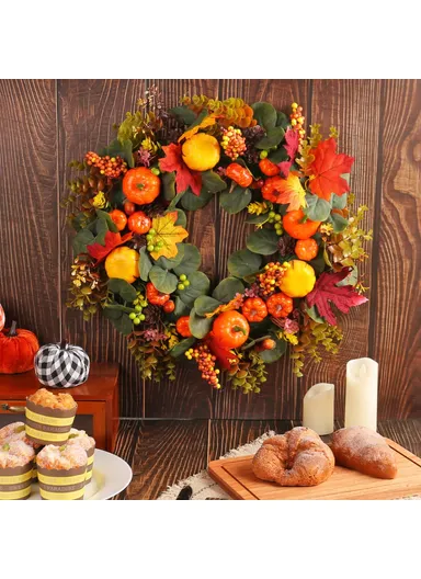 Artificial Pumpkin Berry Wreath Thanksgiving Day Harvest Festival Decor Photo Prop