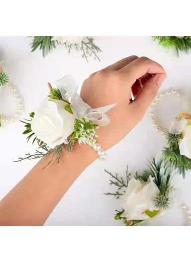 Simulated Rose Silk Wrist Flower, Bride Bridesmaid Corsage / Wrist Flower - Milky White Wrist Flower 