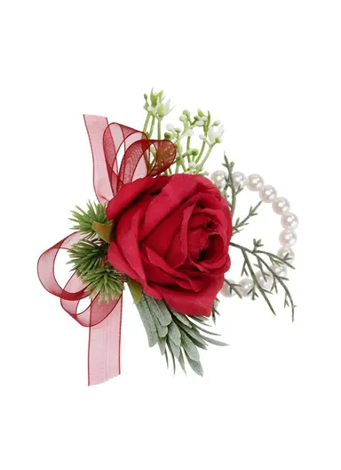 Simulated Rose Silk Wrist Flower, Bride Bridesmaid Corsage / Wrist Flower - Wine Red Wrist Flower