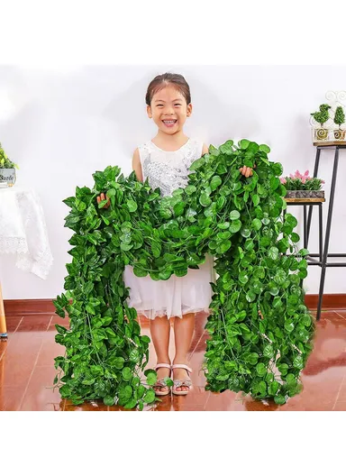 12Pcs 2.1m Simulation Leaves Rattan Plastic Green Vine Artificial Plant Wall Decoration - Grape Leaves