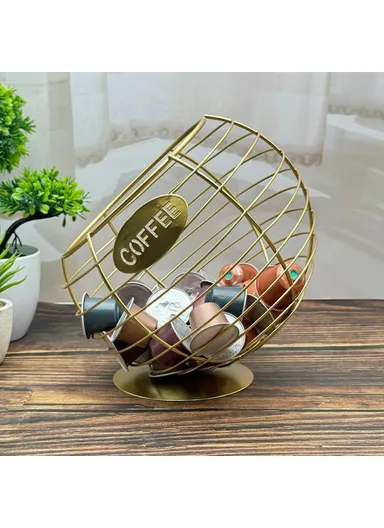 Oblique Fruit Basket Iron Art Hollow Out Coffee Capsule Snacks Storage Basket, (L20 x W20)cm COFFEE - Gold