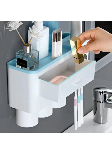 3 Cups Toothbrush Holder Wall Mounted with Toothpaste Dispenser, Tray, Drawer, and 3 Brush Slots for Bathrooms A1909 - Grey