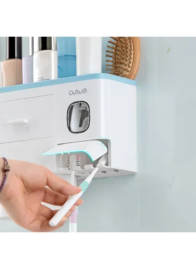 3 Cups Toothbrush Holder Wall Mounted with Toothpaste Dispenser, Tray, Drawer, and 3 Brush Slots for Bathrooms A1909 - Grey