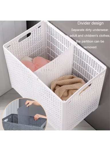 Partition Compartment Laundry Basket Foldable PP Clothes Hamper Box with Lid (W63 x D34 x H44) - Black