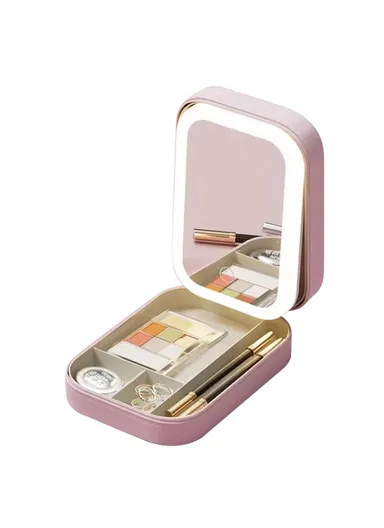 1200mAh Cosmetic Mirror Case LED Makeup Mirror Storage Case with Light-Filling Portable Makeup Box Bag - Pink