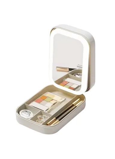 1200mAh Cosmetic Mirror Case LED Makeup Mirror Storage Case with Light-Filling Portable Makeup Box Bag - White