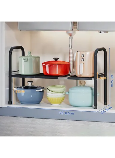Extendable Under Sink Storage Rack with 3 Panels, Multi-Use Kitchen Bathroom Cabinet Shelf Organizer 006-SCX-6855-3BK (L52-82 x W24.5 x H41.5)cm