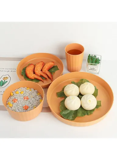 16Pcs / Set PP+Wheat Straw Dining Bowl Plate Water Cup Tableware Set (BPA Free, with PP Material FDA Certificate) - Yellow