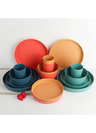 16Pcs / Set PP+Wheat Straw Dining Bowl Plate Water Cup Tableware Set (BPA Free, with PP Material FDA Certificate) - Yellow