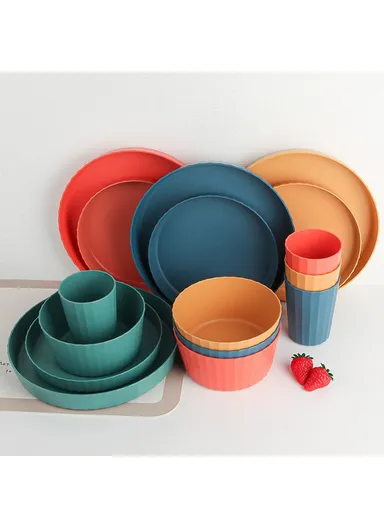 16Pcs / Set PP+Wheat Straw Dining Bowl Plate Water Cup Tableware Set (BPA Free, with PP Material FDA Certificate) - Yellow