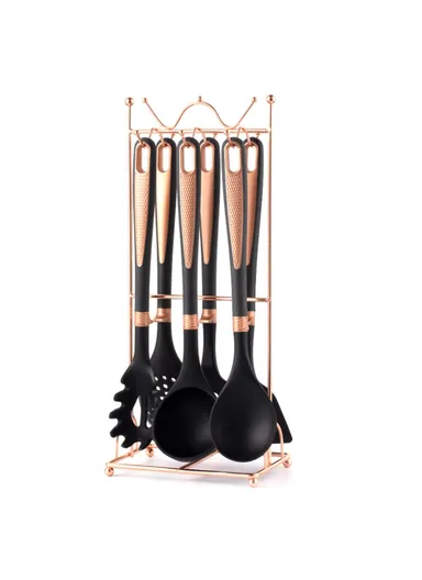 7-Piece Silicone Kitchen Utensil Set Cooking Tools with Storage Rack No FDA, BPA-Free - Black