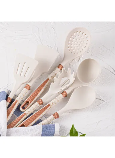 7-Piece Silicone Kitchen Utensil Set Cooking Tools with Storage Rack No FDA, BPA-Free - Black