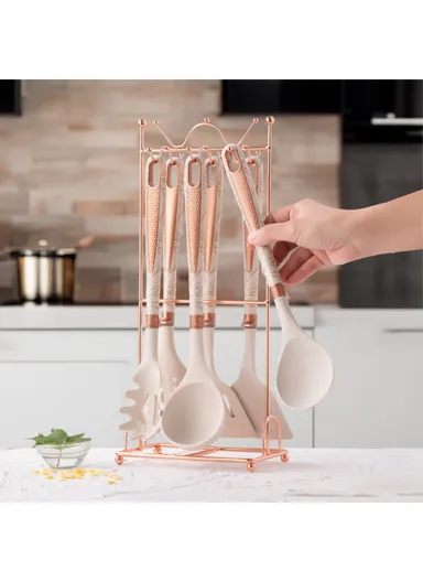 7-Piece Silicone Kitchen Utensil Set Cooking Tools with Storage Rack No FDA, BPA-Free - Black Texture