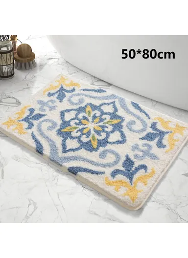 50x80cm Modern Bathroom Floor Mat Non-Slip Polyester Water Absorbent Foot Rug - Blue