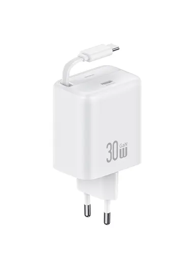 30W Type-C Charger GaN PD3.0+QC3.0 Power Adapter with Retractable Cable, EU Plug CC241 - White