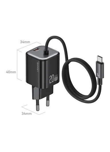 GaN Fast Charger Block 20W Dual Port Wall Charger with Type-C Cable, EU Plug CC261 - Black