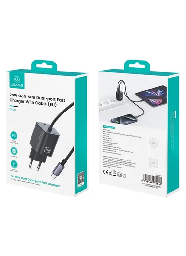 GaN Fast Charger Block 20W Dual Port Wall Charger with Type-C Cable, EU Plug CC261 - Black