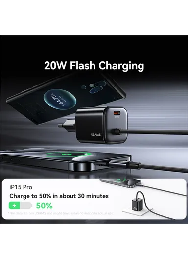 GaN Fast Charger Block 20W Dual Port Wall Charger with Type-C Cable, EU Plug CC261 - Black