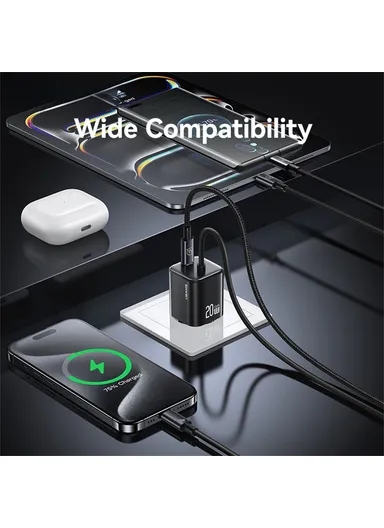 GaN Fast Charger Block 20W Dual Port Wall Charger with Type-C Cable, EU Plug CC261 - Black