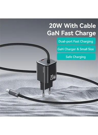 GaN Fast Charger Block 20W Dual Port Wall Charger with Type-C Cable, EU Plug CC261 - White