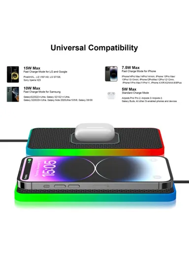 Ambient Light Car 15W Cellphone Wireless Charger Non-Slip Mat Auto SUV Charging Pad with 0.3m USB Cable