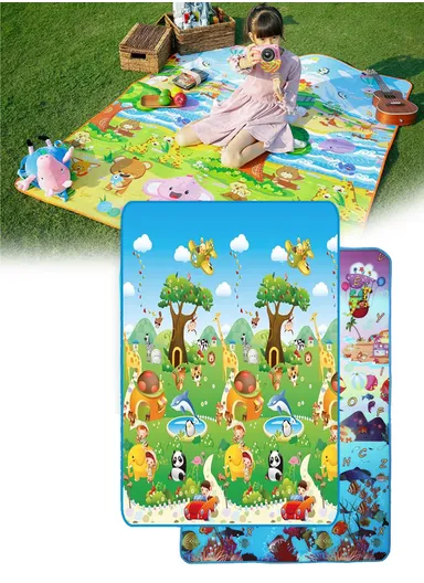 Baby Play Mat Crawling Rug, Soft Floor Mat, Play Activity, Gym, Outdoor, Indoor, Double Sided Non-Slip Reversible Portable for Kids (L175 x W100 x T0.5)cm - Style1
