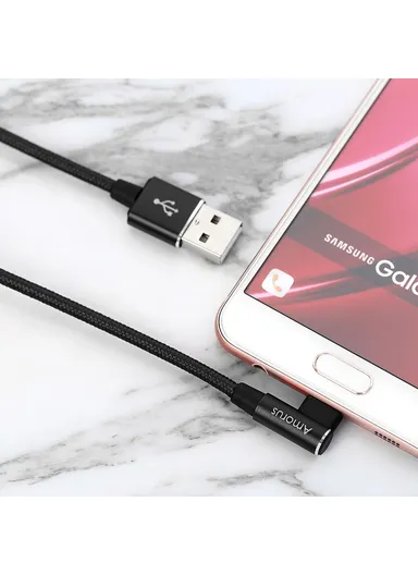 Micro USB 2A Angle Head Aluminum Alloy Braided Data Cable - Black