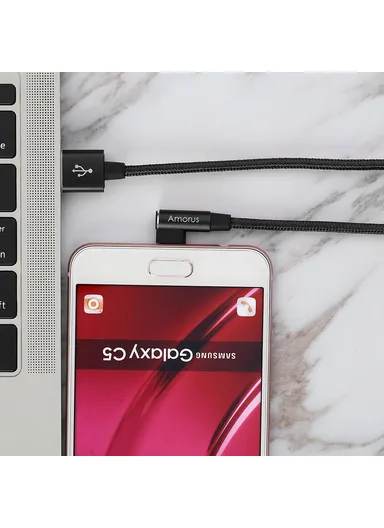 Micro USB 2A Angle Head Aluminum Alloy Braided Data Cable - Black