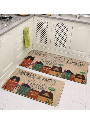 2Pcs/Set 44x117cm+44x68cm Non-Slip Kitchen Floor Mat, Polyester Water Absorbent Kitchen Carpet - Style 1