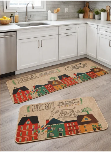 2Pcs/Set 44x117cm+44x68cm Non-Slip Kitchen Floor Mat, Polyester Water Absorbent Kitchen Carpet - Style 1