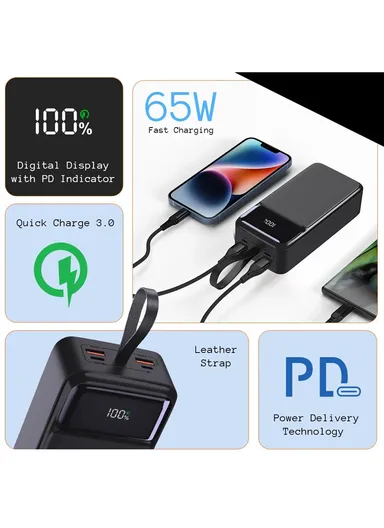 30000mAh 22.5W + 65W Portable Fast Charging Power Bank PD 65W &amp; USB 22.5W Maximum Power Support Laptop Charging with Digital Display &amp; Leather Hanging Rope PB30W65