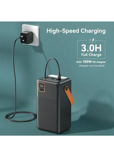 60000mAh 22.5W Portable Fast Charging Power Bank Micro, Type-C &amp; 3 USB Ports Support Laptop Charging with Camping Light, &amp; Leather Hanging Rope PB63C
