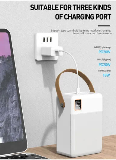 80000mAh 22.5W Portable Fast Charging Power Bank Micro, Type-C &amp; 3 USB Ports Support Laptop Charging with Camping Light, &amp; Leather Hanging Rope PB83C