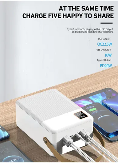 100000mAh 22.5W Portable Fast Charging Power Bank Micro, Type-C &amp; 3 USB Ports Support Laptop Charging with Camping Light, &amp; Leather Hanging Rope PB103C