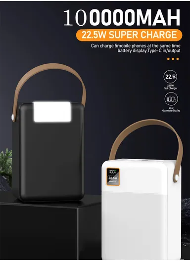 100000mAh 22.5W Portable Fast Charging Power Bank Micro, Type-C &amp; 3 USB Ports Support Laptop Charging with Camping Light, &amp; Leather Hanging Rope PB103C