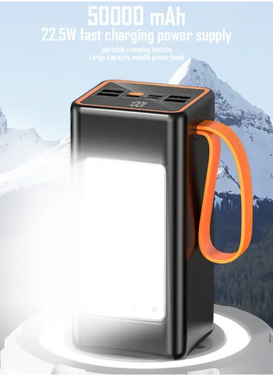50000mAh 22.5W Portable Super Fast Charging Power Bank PD 20W, 4 USB, Ip &amp; Micro Ports with 4 Modes of Lighting, Digital Display, Camping Light &amp; Lanyard PB51C
