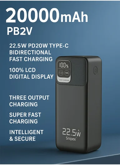 20000mAh 22.5W Ultra Slim Lightweight Portable Fast Charging Power Bank 2 USB, Type-C &amp; Micro Ports with Digital Display PB2V