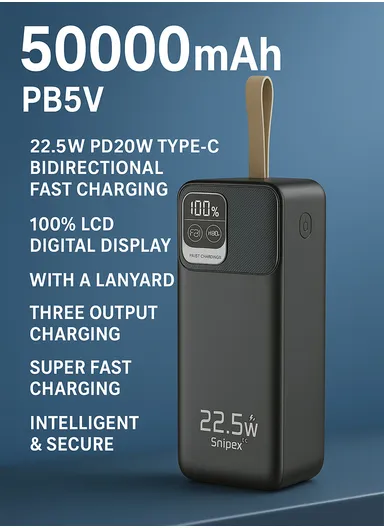 50000mAh 22.5W Ultra Slim Lightweight Portable Fast Charging Power Bank 2 USB, Type-C &amp; Micro Ports with Digital Display &amp; Leather Hanging Rope PB5V