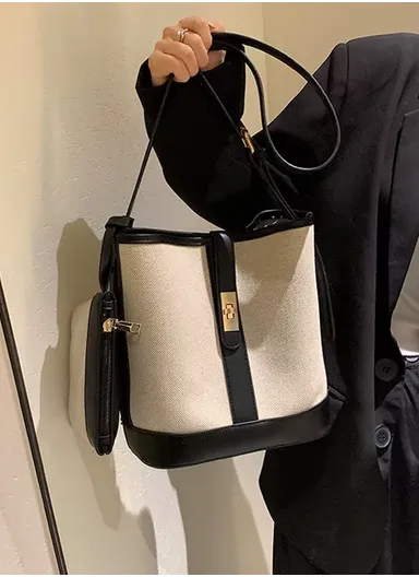 Trendy PU Canvas Bucket Tote Bag with Adjustable Strap Stylish and Versatile with Small Makeup Bag - Black