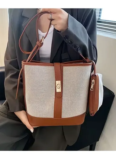 Trendy PU Canvas Bucket Tote Bag with Adjustable Strap Stylish and Versatile with Small Makeup Bag - Camel