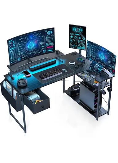 120cm L-Shaped Gaming Desk with LED Light, Adjustable Stand Gaming Desk, Multi-Use Office Desk with Power Socket, Storage Drawer, Double-Sided Shelf Desk (L120 x W80 x H74)cm