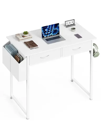 Multi-Purpose Home Office Study Desk With Metal Frame &amp; Drawers HJ80 (W80 x D40 x H74)cm - White