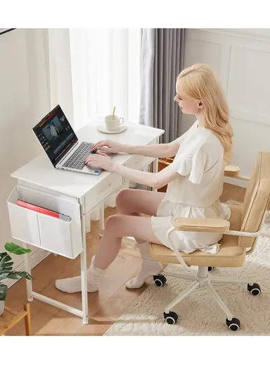 Multi-Purpose Home Office Study Desk With Metal Frame &amp; Drawers HJ80 (W80 x D40 x H74)cm - White