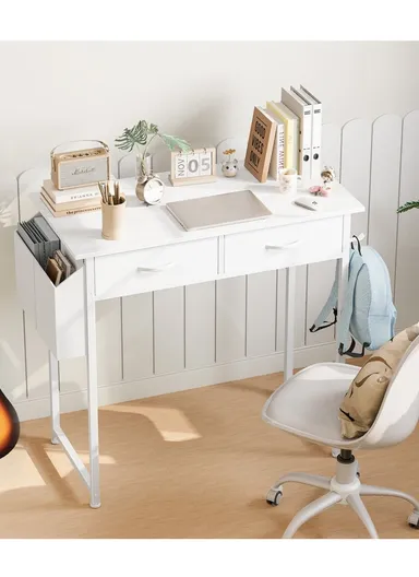 Multi-Purpose Home Office Study Desk With Metal Frame &amp; Drawers HJ80 (W80 x D40 x H74)cm - White