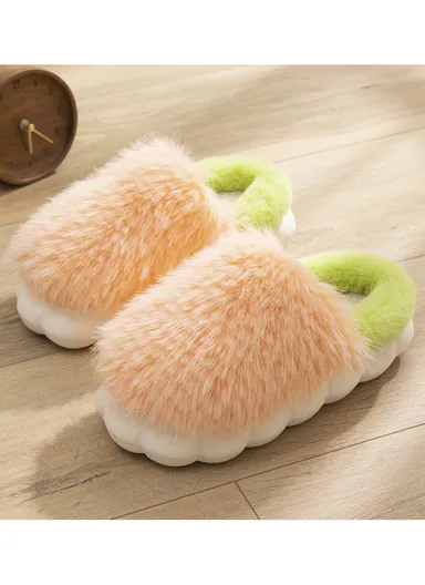 Anti-Slip PVC Plush Faux Fur Winter Slipper with Soft Fleece Lining, Soft &amp; Skin-Friendly Sole Warm Winter Slippers For Women - Orange