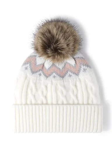 Thick Wave Pattern Warm Winter Fleece Hat with Sherpa Fleece Lining &amp; Top Pom, Winter Beanie Hat, Warm Skull Cap, Faux Pom, Knitted Hat, Winter Crossed Cap, Soft Warm Hat, Skiing Hat for Indoor &amp; Outdoor - White